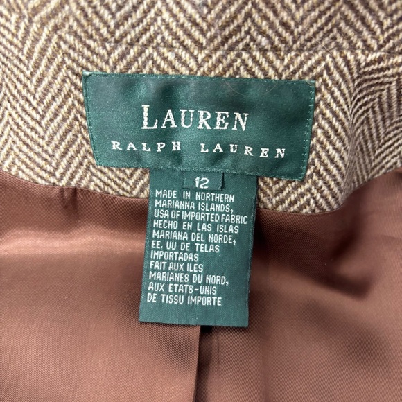 Lauren Ralph Lauren Brown Herringbone Wool Blazer Suede Elbow Patches Size 12 - Picture 14 of 15